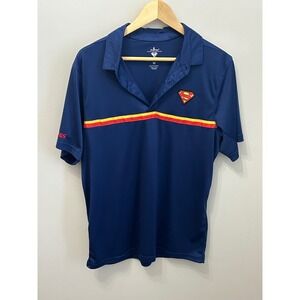 Six Flags Superman Mens Navy Blue Performance Polo Shirt Medium DC Comics Logo